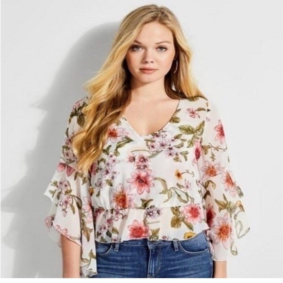 Guess white pink Floral sheer fairy sleeve peplum top shirt Extra Small XS 0 2 4 - Picture 10 of 11